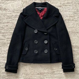 Tommy Hilfiger Womens Small Petite S/P Black 100% Wool Double Breasted Pea Coat